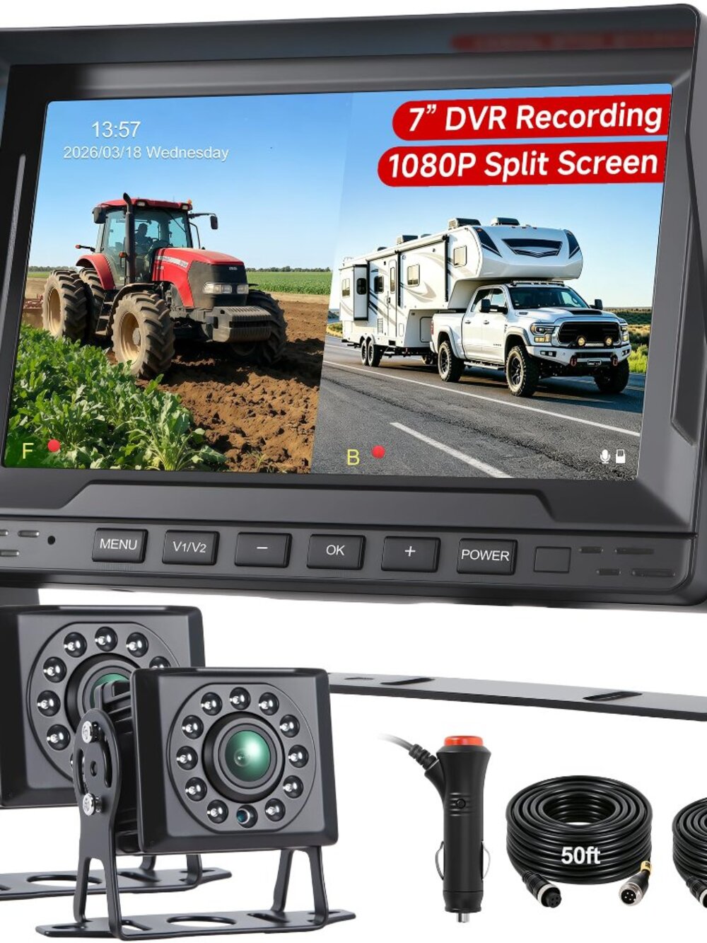 NEW Dual RV Backup Camera System 7" Split Screen DVR Monitor 1080P Wired IP69